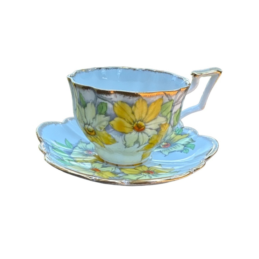 Salisbury "Clematis" Flower Teacup Saucer Fine Bone China Yellow Green England